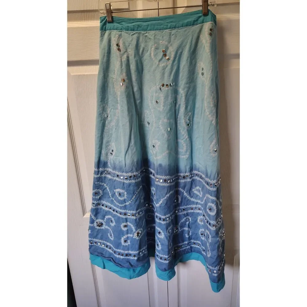Chadwicks Bohemian Ombré Maxi Skirt Sequin & Mirror Embroidery Blue Turquoise 12